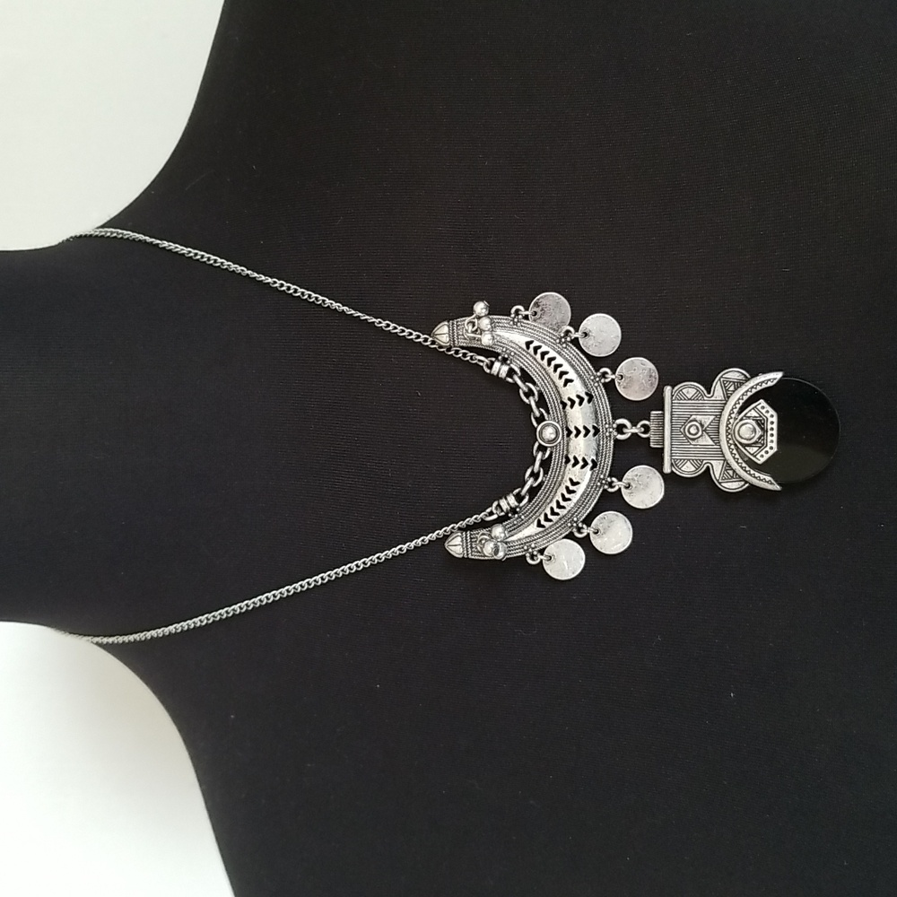 Silver Black Aztec Statement Necklace - image 1